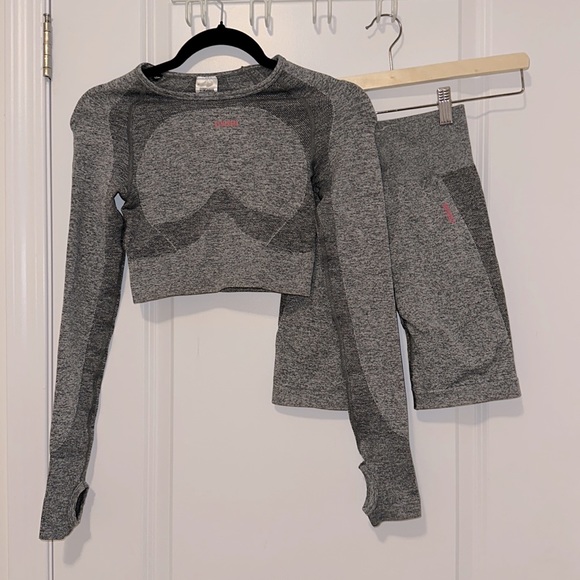 XS 2 PIECE Gymshark Cycling Shorts & Long Sleeve Crop Top - Charcoal Marl/Pink - Picture 4 of 8
